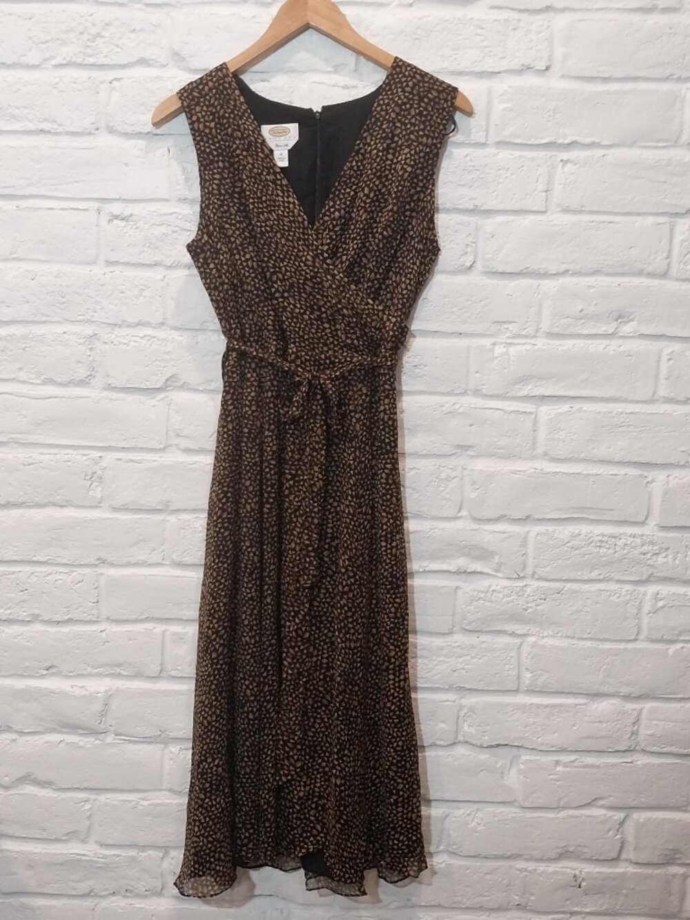 100% Silk Midi Dress Size 10 P Brown Print Faux Wrap Belted Sleeveless by Talbot